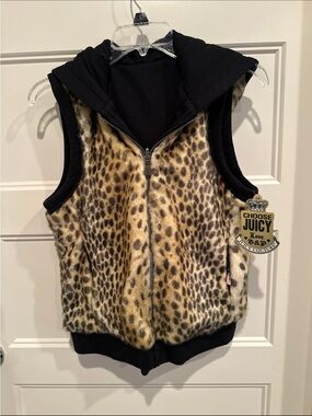 Juicy Couture Black Hooded Leopard Faux Fur Zip Vest